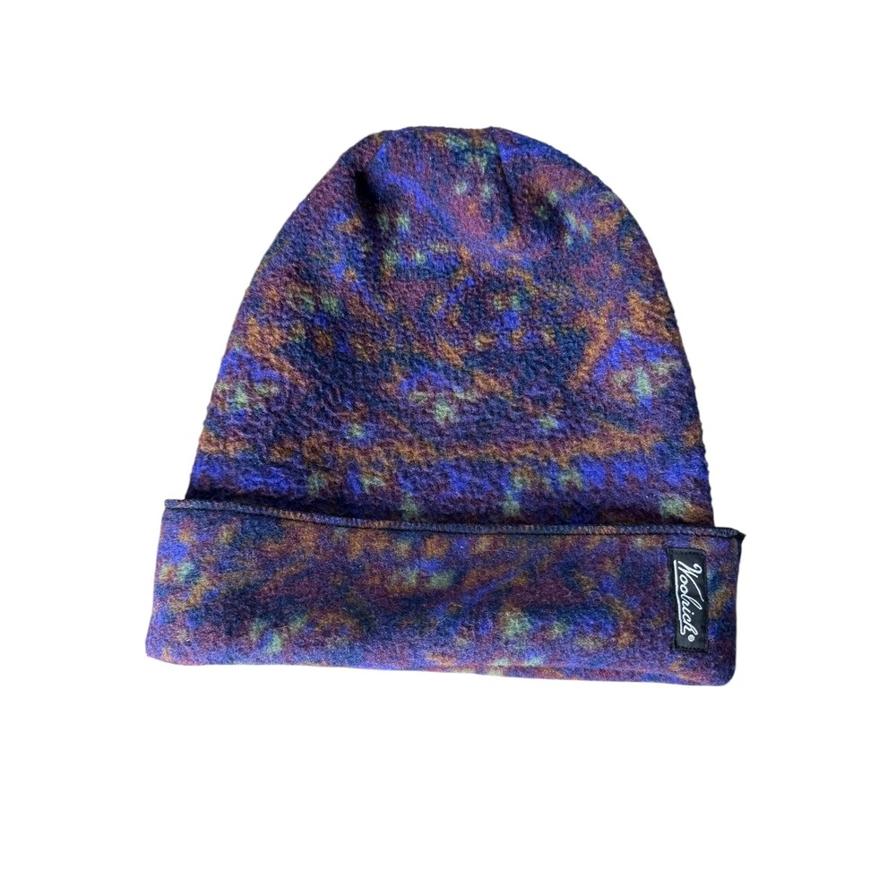 Woolrich Fleece Beanie Hat Multi Color Abstract Pattern Purple Blue Logo Patch